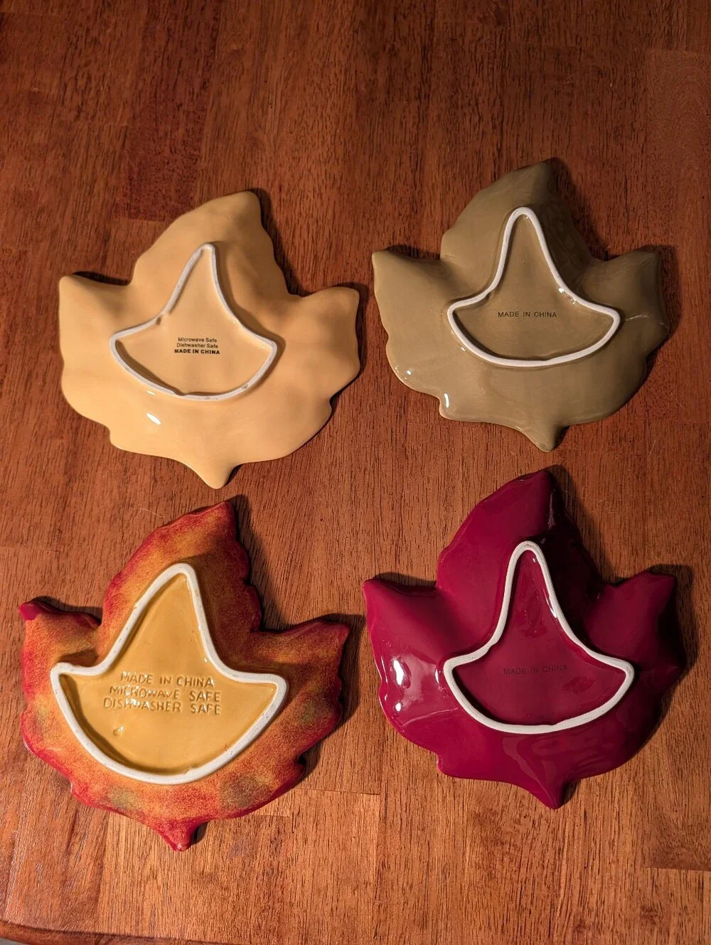 Leaf-Shaped Ceramic Serving Dishes - Set of 4 in Yellow, Olive, Red, Burgundy